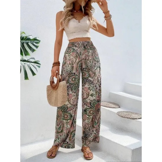 Women's Wide Leg Pants Trousers Casual Daily Long Floral Wide Leg Elastic Waistband Breathability Comfortable Micro-elastic Weekend Blue Red Green Kha