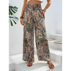 Women's Wide Leg Pants Trousers Casual Daily Long Floral Wide Leg Elastic Waistband Breathability Comfortable Micro-elastic Weekend Blue Red Green Kha