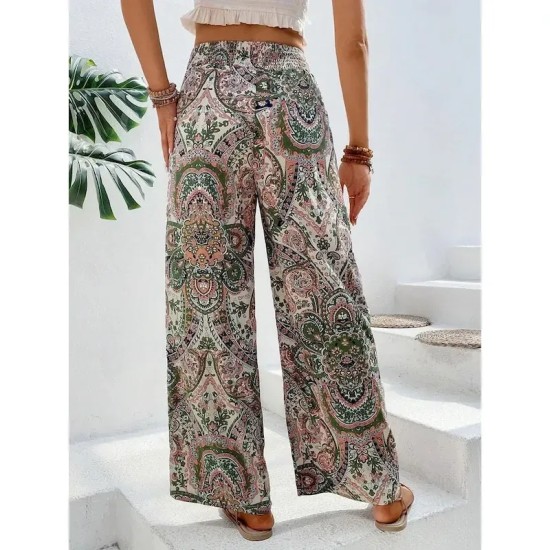 Women's Wide Leg Pants Trousers Casual Daily Long Floral Wide Leg Elastic Waistband Breathability Comfortable Micro-elastic Weekend Blue Red Green Kha