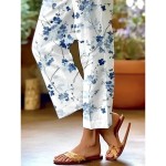 Women's Cotton Linen Pants Baggy Pants Linen Like Elegant Vintage Fashion Full Length High Waist Floral Leaf Printing Breathable Soft Micro-elastic Ou