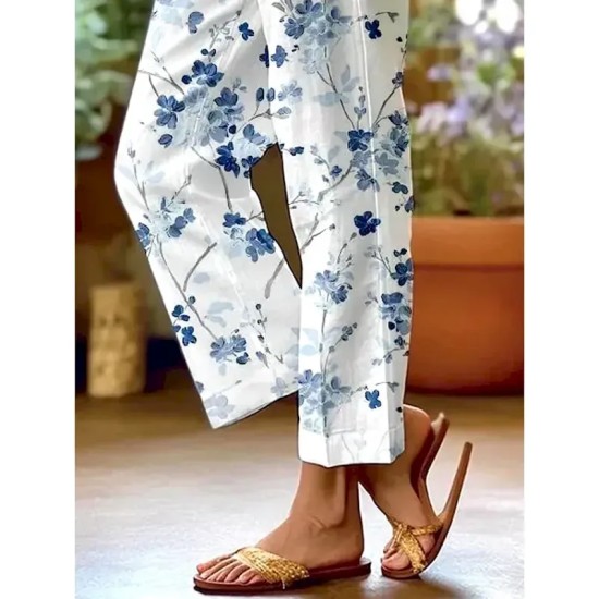 Women's Cotton Linen Pants Baggy Pants Linen Like Elegant Vintage Fashion Full Length High Waist Floral Leaf Printing Breathable Soft Micro-elastic Ou