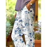 Women's Cotton Linen Pants Baggy Pants Linen Like Elegant Vintage Fashion Full Length High Waist Floral Leaf Printing Breathable Soft Micro-elastic Ou