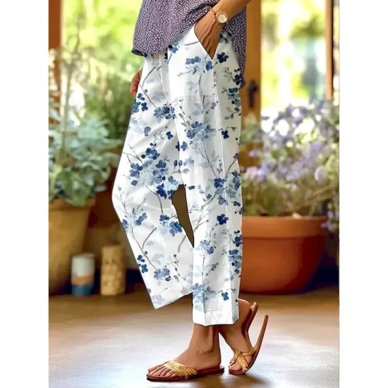 Women's Cotton Linen Pants Baggy Pants Linen Like Elegant Vintage Fashion Full Length High Waist Floral Leaf Printing Breathable Soft Micro-elastic Ou