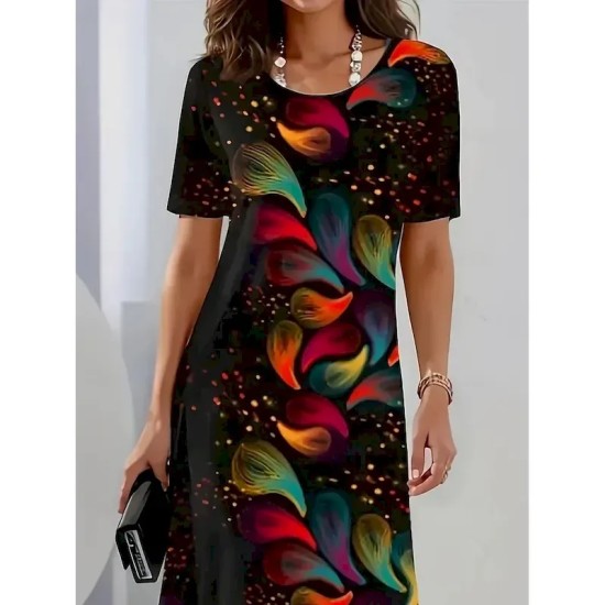 Women's Elegant Party Evening Midi Dress Crew Neck Short Sleeve Shift Dress A Line Dress Casual Boho Daily Regular Fit Ombre Floral Graphic Black Summ