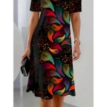 Women's Elegant Party Evening Midi Dress Crew Neck Short Sleeve Shift Dress A Line Dress Casual Boho Daily Regular Fit Ombre Floral Graphic Black Summ