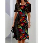 Women's Elegant Party Evening Midi Dress Crew Neck Short Sleeve Shift Dress A Line Dress Casual Boho Daily Regular Fit Ombre Floral Graphic Black Summ