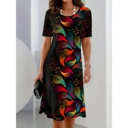 Women's Elegant Party Evening Midi Dress Crew Neck Short Sleeve Shift Dress A Line Dress Casual Boho Daily Regular Fit Ombre Floral Graphic Black Summ