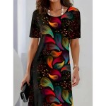 Women's Elegant Party Evening Midi Dress Crew Neck Short Sleeve Shift Dress A Line Dress Casual Boho Daily Regular Fit Ombre Floral Graphic Black Summ