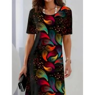 Women's Elegant Party Evening Midi Dress Crew Neck Short Sleeve Shift Dress A Line Dress Casual Boho Daily Regular Fit Ombre Floral Graphic Black Summ