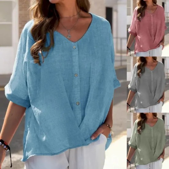 Women's Shirt Blouse Cotton Linen Shirts Plain Casual Short Sleeve V Neck Regular Tops Daily Buttons Pink Blue Purple Green Khaki Summer 2025 Women's Shirt Blouse Cotton Linen Shirts Plain Casual Short Sleeve V Neck Regular Tops Daily Buttons Pink Blue Purple Green Khaki Summer 2025