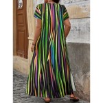 Women's Maxi Dress A Line Dress Casual Outdoor Beach Loose Fit Stripe Short Sleeve V Neck Pink Red Blue Purple Summer Spring 2025