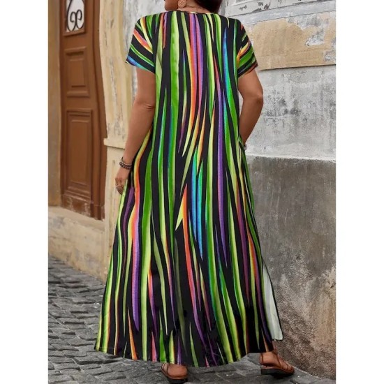 Women's Maxi Dress A Line Dress Casual Outdoor Beach Loose Fit Stripe Short Sleeve V Neck Pink Red Blue Purple Summer Spring 2025