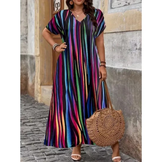 Women's Maxi Dress A Line Dress Casual Outdoor Beach Loose Fit Stripe Short Sleeve V Neck Pink Red Blue Purple Summer Spring 2025