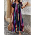 Women's Maxi Dress A Line Dress Casual Outdoor Beach Loose Fit Stripe Short Sleeve V Neck Pink Red Blue Purple Summer Spring 2025