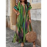 Women's Maxi Dress A Line Dress Casual Outdoor Beach Loose Fit Stripe Short Sleeve V Neck Pink Red Blue Purple Summer Spring 2025