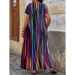 Women's Maxi Dress A Line Dress Casual Outdoor Beach Loose Fit Stripe Short Sleeve V Neck Pink Red Blue Purple Summer Spring 2025