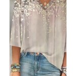 Women's Blouse Button Down Ombre Floral Graphic Stylish Beach Short Sleeve V Neck Regular Tops Daily Print Khaki Summer Spring 2025