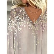 Women's Blouse Button Down Ombre Floral Graphic Stylish Beach Short Sleeve V Neck Regular Tops Daily Print Khaki Summer Spring 2025