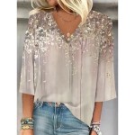 Women's Blouse Button Down Ombre Floral Graphic Stylish Beach Short Sleeve V Neck Regular Tops Daily Print Khaki Summer Spring 2025