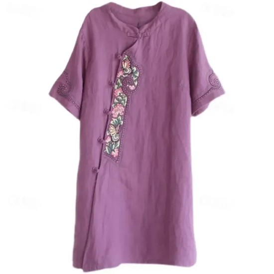 Women's Long Dress Maxi Dress Linen-Inspired Dresses Casual Dress Vintage Stylish Casual Vacation Daily Regular Fit Floral Short Sleeve Stand Collar B