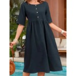 Women's Long Dress Maxi Dress Cotton Linen Dresses Casual Dress Basic Casual Vacation Daily Regular Fit Plain Short Sleeve Crew Neck Navy Blue Green K