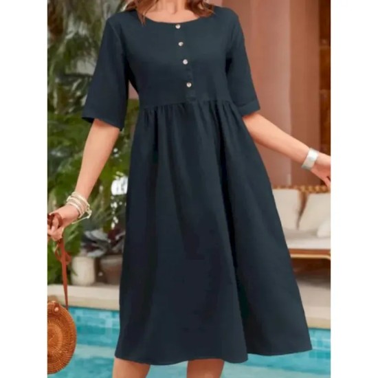 Women's Long Dress Maxi Dress Cotton Linen Dresses Casual Dress Basic Casual Vacation Daily Regular Fit Plain Short Sleeve Crew Neck Navy Blue Green K