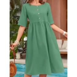 Women's Long Dress Maxi Dress Cotton Linen Dresses Casual Dress Basic Casual Vacation Daily Regular Fit Plain Short Sleeve Crew Neck Navy Blue Green K