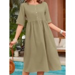 Women's Long Dress Maxi Dress Cotton Linen Dresses Casual Dress Basic Casual Vacation Daily Regular Fit Plain Short Sleeve Crew Neck Navy Blue Green K