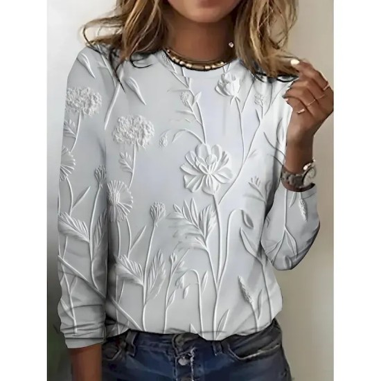 Women's 3D Print T shirt Long Sleeve Crew Neck Long Sleeve Tunic 3D Print Floral Casual Round Neck Regular Tops Weekend Print Pearl Pink Blue Purple G