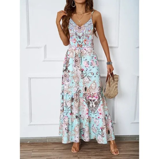 Women's Maxi Dress Casual Dress A Line Dress Slip Dress Boho Dress Bohemia Casual Boho Vacation Daily Regular Fit Floral Sleeveless Strap Blue Green S