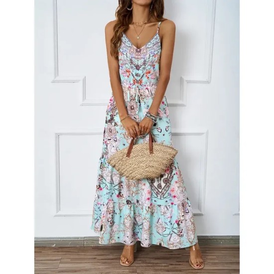 Women's Maxi Dress Casual Dress A Line Dress Slip Dress Boho Dress Bohemia Casual Boho Vacation Daily Regular Fit Floral Sleeveless Strap Blue Green S