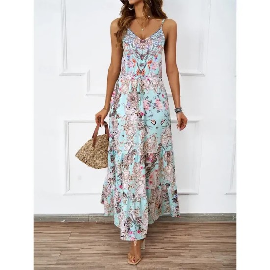 Women's Maxi Dress Casual Dress A Line Dress Slip Dress Boho Dress Bohemia Casual Boho Vacation Daily Regular Fit Floral Sleeveless Strap Blue Green S