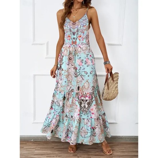 Women's Maxi Dress Casual Dress A Line Dress Slip Dress Boho Dress Bohemia Casual Boho Vacation Daily Regular Fit Floral Sleeveless Strap Blue Green S