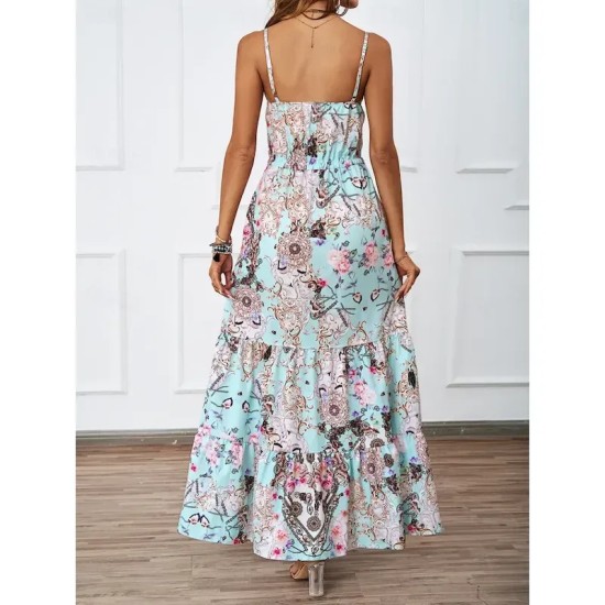 Women's Maxi Dress Casual Dress A Line Dress Slip Dress Boho Dress Bohemia Casual Boho Vacation Daily Regular Fit Floral Sleeveless Strap Blue Green S